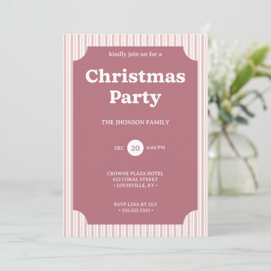 Retro Red Christmas Party Striped Invitation 招待状 (スタンド正面)