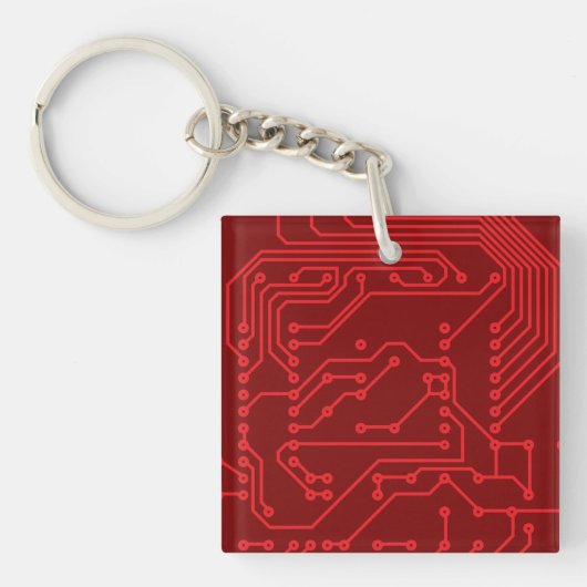 Retro Red Circuit Board Tech Pattern キーホルダー (正面)