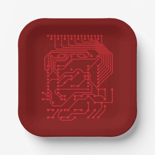 Retro Red Circuit Board Tech Pattern ペーパープレート (正面)