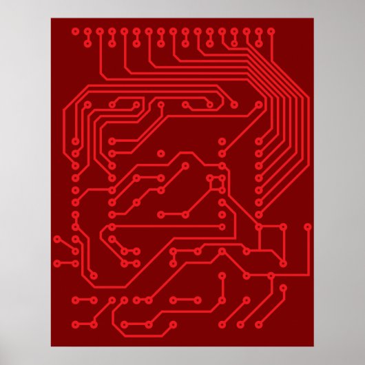 Retro Red Circuit Board Tech Pattern ポスター (正面)