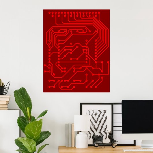 Retro Red Circuit Board Tech Pattern ポスター