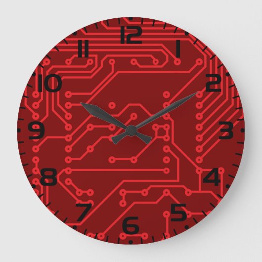 Retro Red Circuit Board Tech Pattern ラージ壁時計 (正面)