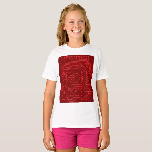 Retro Red Circuit Board Tech Pattern Tシャツ (正面フル)