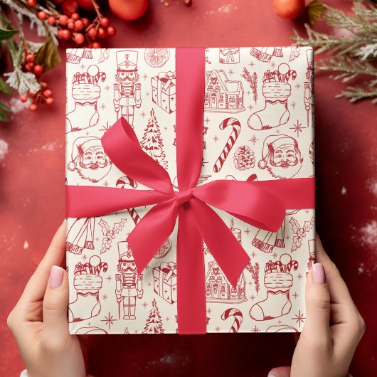 Retro Red Doodle Christmas Wrapping Paper ラッピングペーパーシート