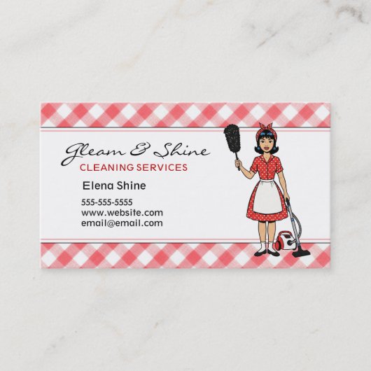 Retro Red Gingham Cleaner Cleaning Lady Service 名刺 (正面)