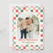 Retro Red Green Checkerboard Photo Arch Christmas シーズンカード (正面)