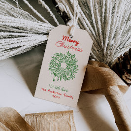 Retro Red Green Drawn Bows Wreath Merry Christmas ギフトタグ