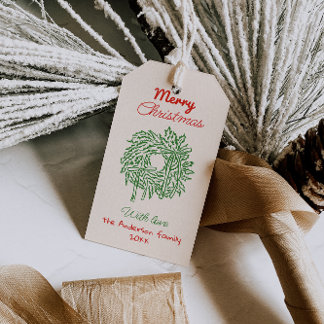 Retro Red Green Drawn Bows Wreath Merry Christmas ギフトタグ