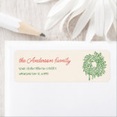 Retro Red Green Hand Drawn Bow Wreath Christmas ラベル (インサイチュ)