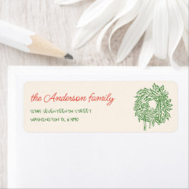 Retro Red Green Hand Drawn Bow Wreath Christmas ラベル
