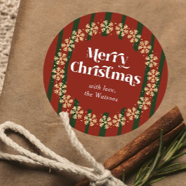 Retro Red & Green Merry Christmas Custom Name ラウンドシール