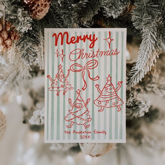 Retro Red  Green Smiling Christmas Trees Non Photo シーズンカード