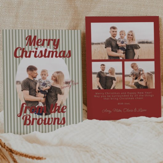 Retro Red Green Stripes Boho Oval Photo Christmas シーズンカード