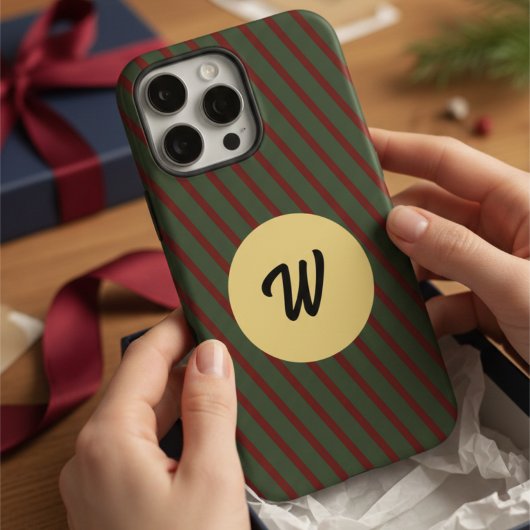 Retro Red & Green Stripes Gold Circle Monogrammed Case-Mate iPhoneケース