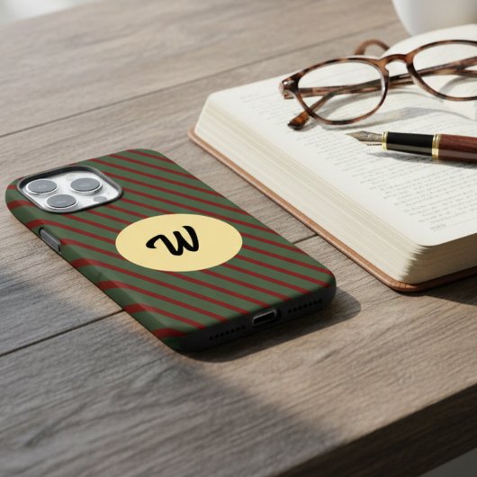 Retro Red & Green Stripes Gold Circle Monogrammed Case-Mate iPhoneケース