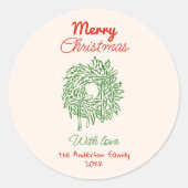 Retro Red Hand Drawn Bows Wreath Merry Christmas ラウンドシール (正面)