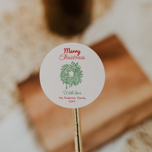 Retro Red Hand Drawn Bows Wreath Merry Christmas ラウンドシール