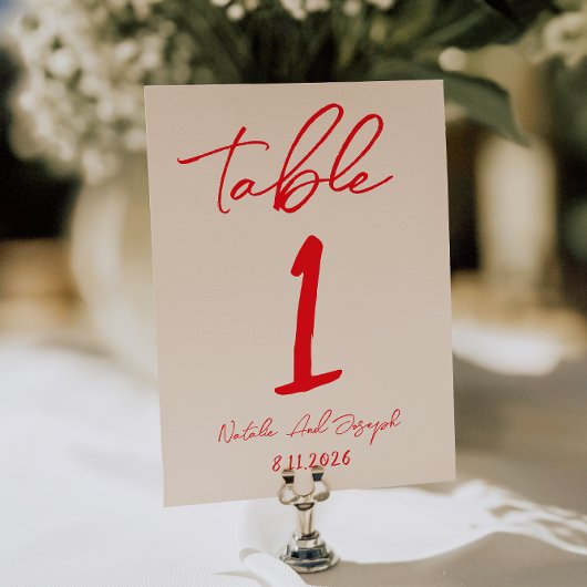 Retro Red Hand Written Wedding Table Number 招待状