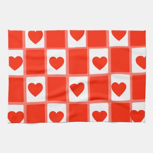 Retro Red Heart Checkerboard Pattern キッチンタオル (横)