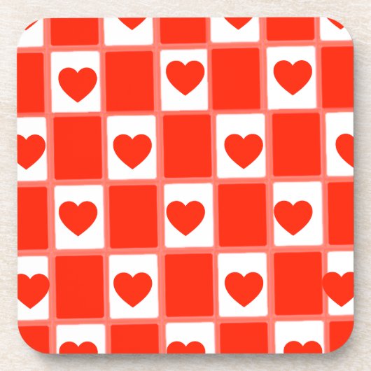 Retro Red Heart Checkerboard Pattern コースター (正面)