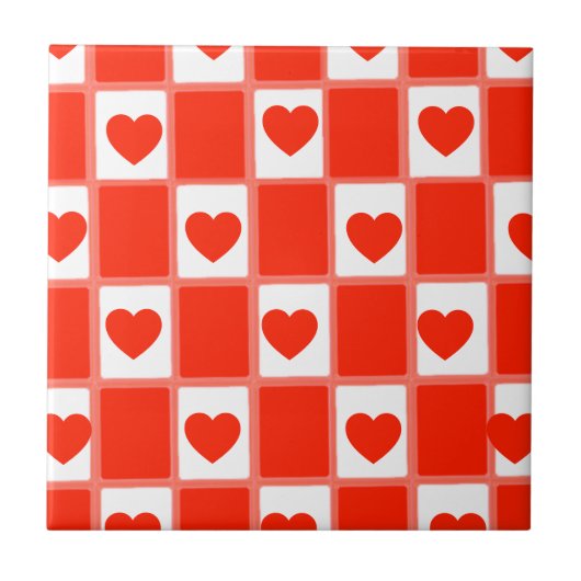 Retro Red Heart Checkerboard Pattern タイル (正面)