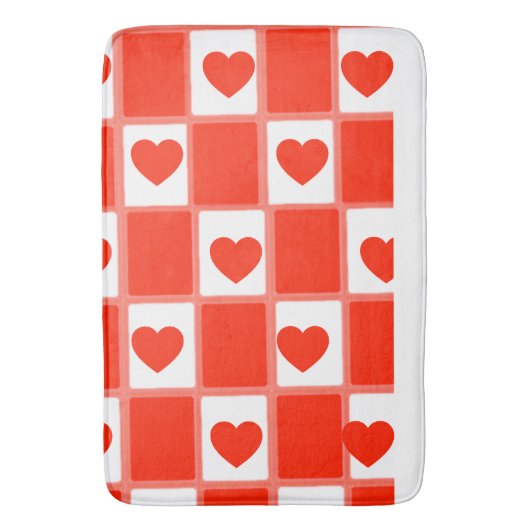 Retro Red Heart Checkerboard Pattern バスマット (正面縦)