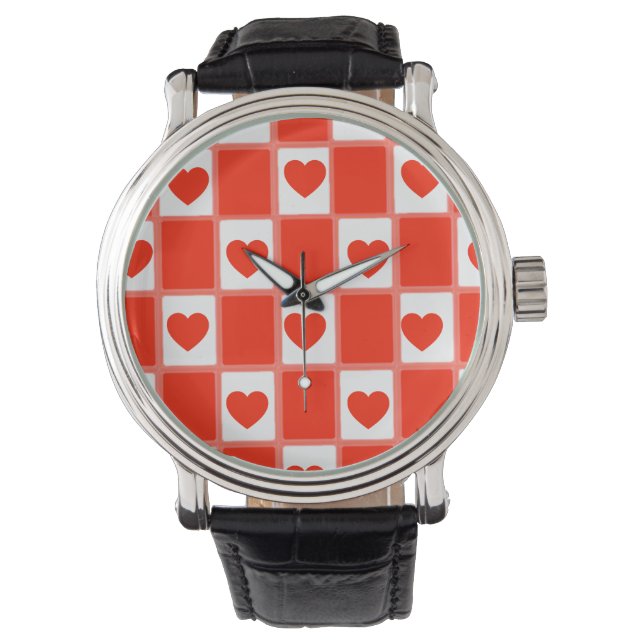 Retro Red Heart Checkerboard Pattern 腕時計 (正面)