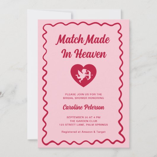 Retro Red Match Made in Heaven Cupid Bridal Shower 招待状 (正面)