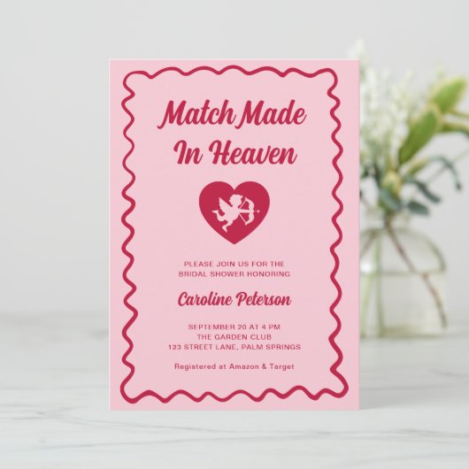 Retro Red Match Made in Heaven Cupid Bridal Shower 招待状 (スタンド正面)