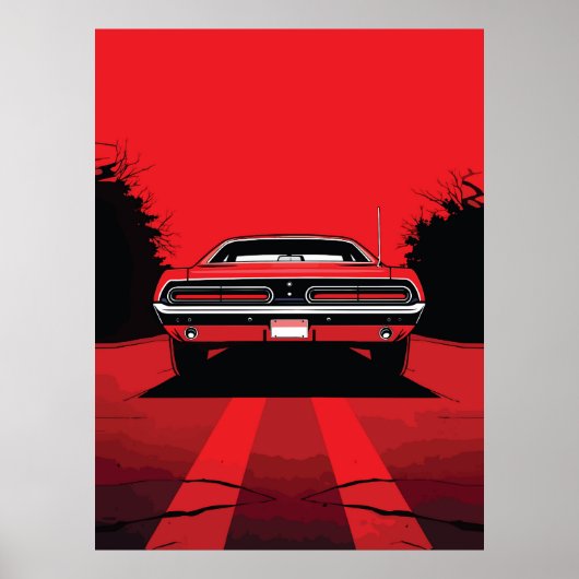 Retro Red Muscle Car Rear Pop Art Illustration ポスター (正面)
