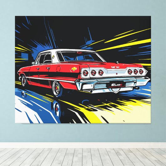 Retro Red Muscle Car Side Pop Art Illustration キャンバスプリント (インサイチュ (ウッドフロア))