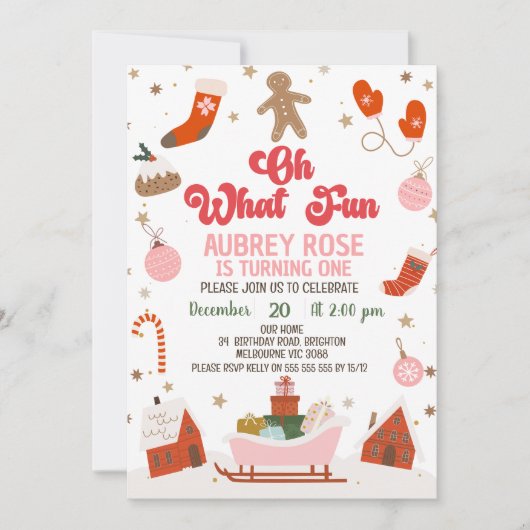 Retro Red Oh What Fun Christmas 1st Birthday 招待状 (正面)