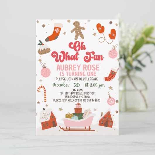 Retro Red Oh What Fun Christmas 1st Birthday 招待状 (スタンド正面)