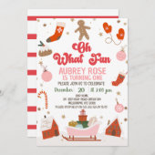 Retro Red Oh What Fun Christmas 1st Birthday 招待状 (正面/裏面)