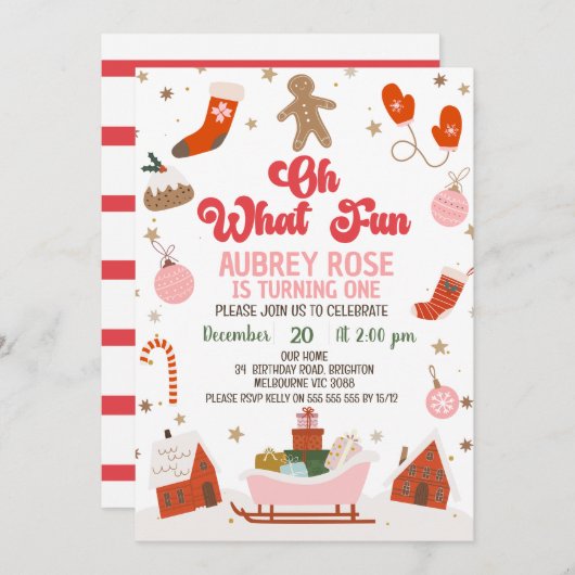 Retro Red Oh What Fun Christmas 1st Birthday 招待状 (正面/裏面)