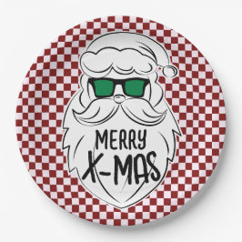 Retro Red Pink Checkered Santa Claus Christmas  ペーパープレート