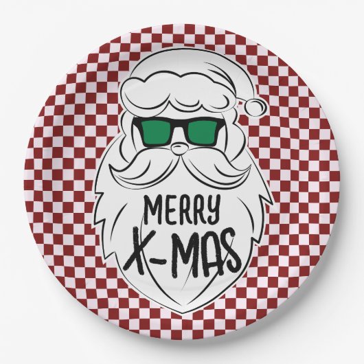 Retro Red Pink Checkered Santa Claus Christmas  ペーパープレート (正面)