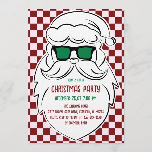 Retro Red Pink Checkered Santa Claus Christmas  招待状 (正面)