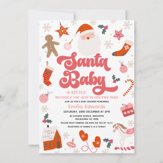 Retro Red Pink Girls Santa Baby Baby Shower 招待状 (正面)