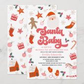 Retro Red Pink Girls Santa Baby Baby Shower 招待状 (正面/裏面)