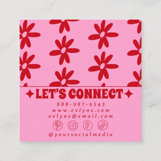 Retro Red Pink Groovy Floral Boho Girly Trendy Fun スクエア名刺 (裏面)