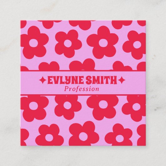 Retro Red Pink QR Code Groovy Floral Girly Trendy  スクエア名刺 (正面)