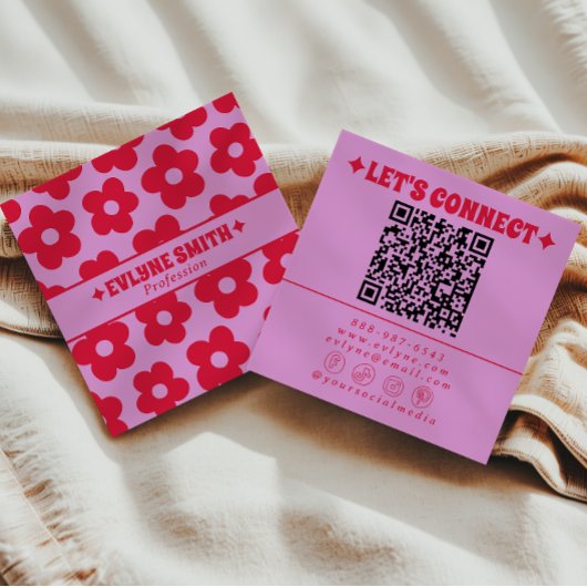 Retro Red Pink QR Code Groovy Floral Girly Trendy スクエア名刺
