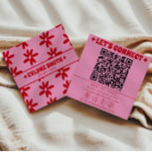 Retro Red Pink QR Code Groovy Floral Girly Trendy スクエア名刺