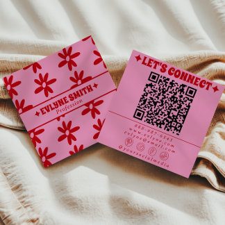 Retro Red Pink QR Code Groovy Floral Girly Trendy スクエア名刺