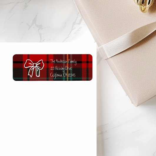 Retro Red Plaid Whimsical Christmas  ラベル