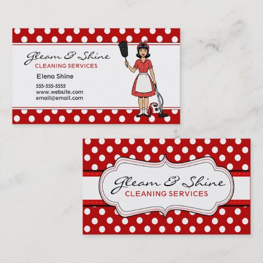 Retro Red Polka Dot Cleaner Cleaning Lady Service 名刺 (正面/裏面)