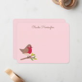 Retro Red Robin Hand-Illustrated Pastel Pink ノートカード (正面/裏面インサイチュ)