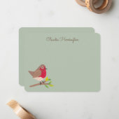 Retro Red Robin Hand-Illustrated Sage Green ノートカード (正面/裏面インサイチュ)