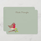 Retro Red Robin Hand-Illustrated Sage Green ノートカード (正面/裏面)